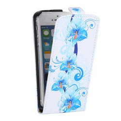 Etui cuir a rabat FLEURS BLEUES pour Iphone 5 et 5S