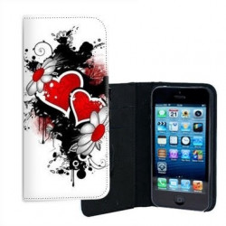 ETUI CUIR COEUR FLEURS POUR IPHONE 5/5S