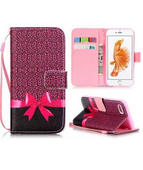 Etui cuir portefeuille NOEUD ROSE pour iPhone 7